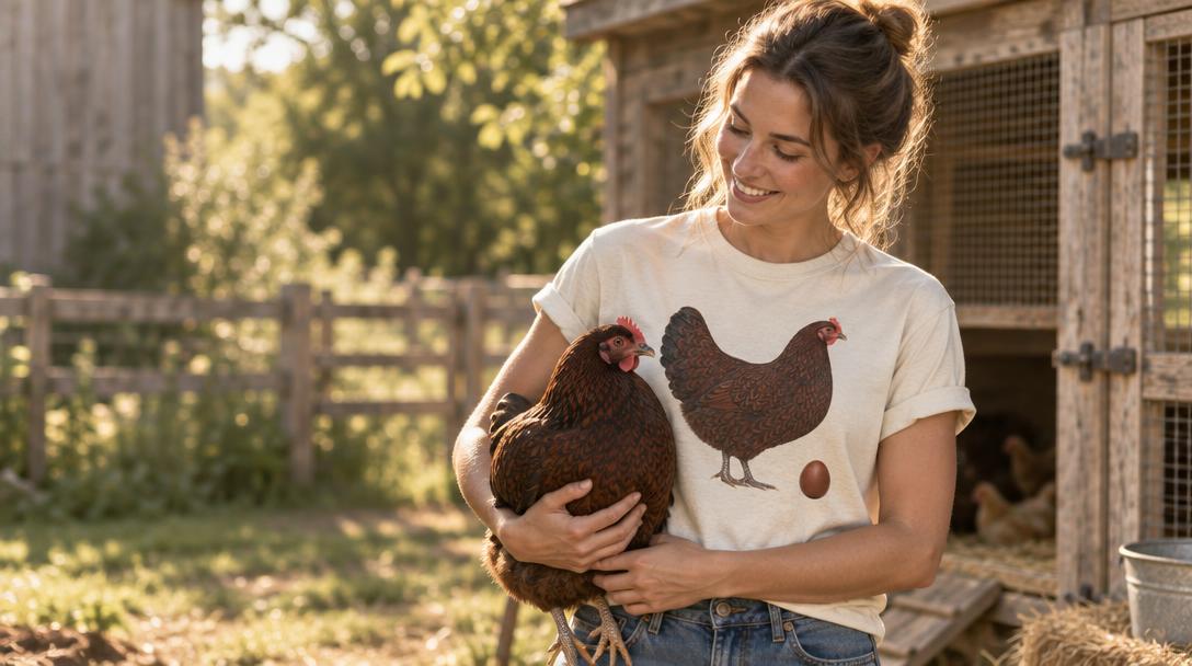 Woman wearing a chicken graphic T-shirt and holding a hen in a backyard coop.