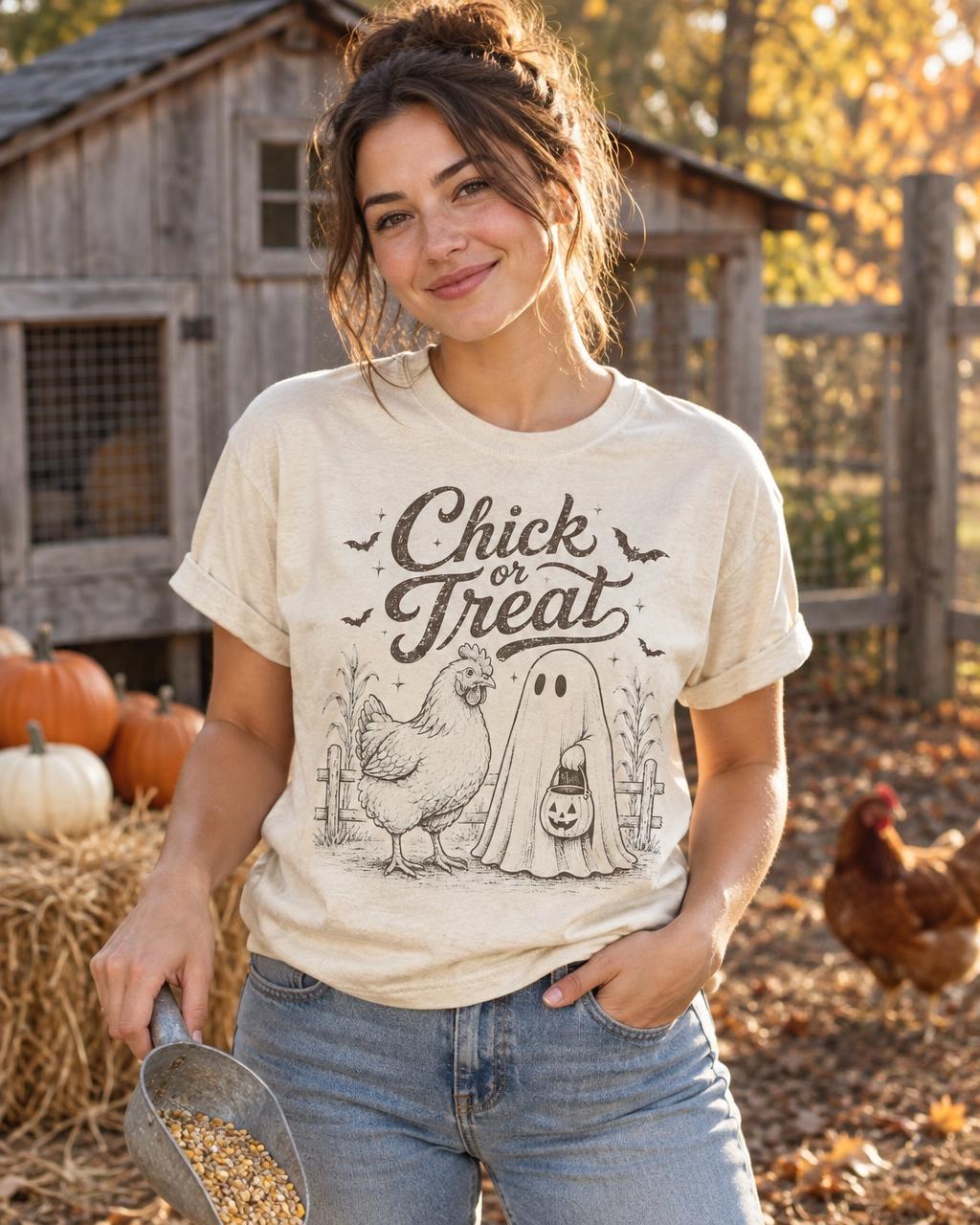 Model wearing the ivory Chick or Treat Halloween T-shirt beside pumpkins in a chicken coop.