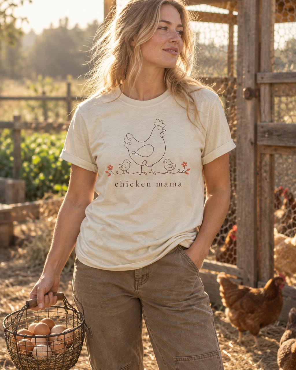 Model wearing the ivory Chicken Mama T-shirt with an egg basket near the flock.
