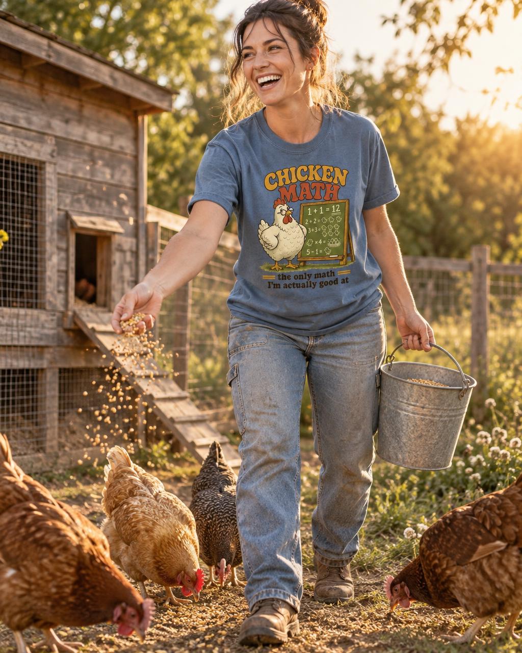 Model wearing the Blue Jean Chicken Math T-shirt while feeding chickens with a steel pail.