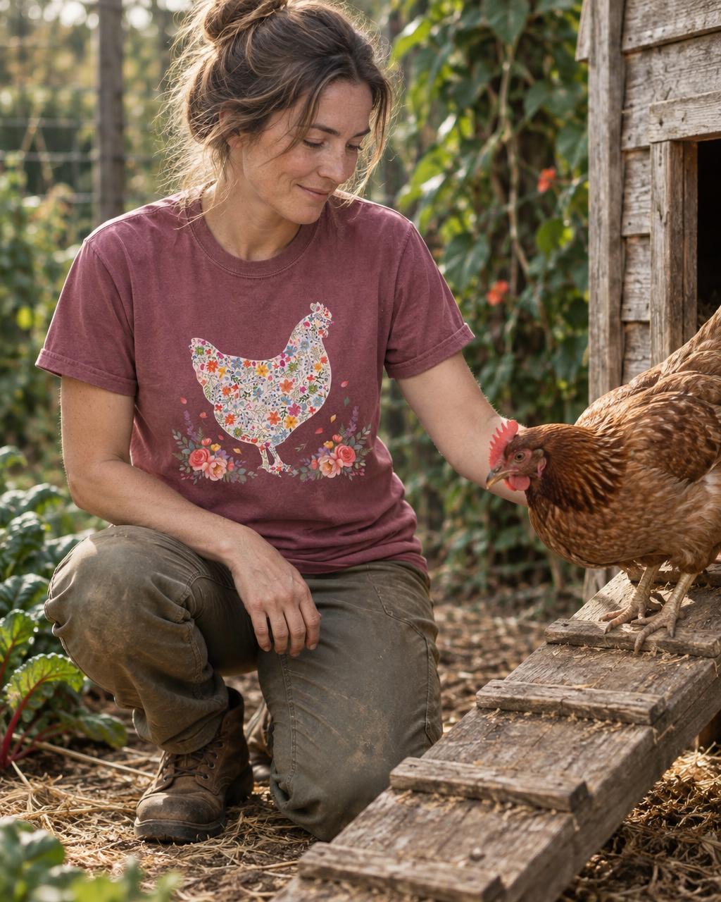 Model wearing the berry Chicken Whisperer T-shirt beside a hen on a wooden coop ramp.